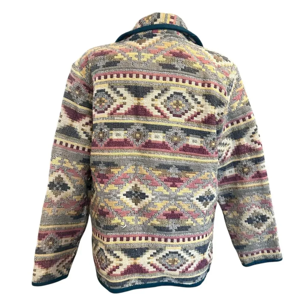 Vintage Patchwork Blazer Womens Size LP Tan Stripe Cotton Aztec Southwestern - Picture 2 of 16